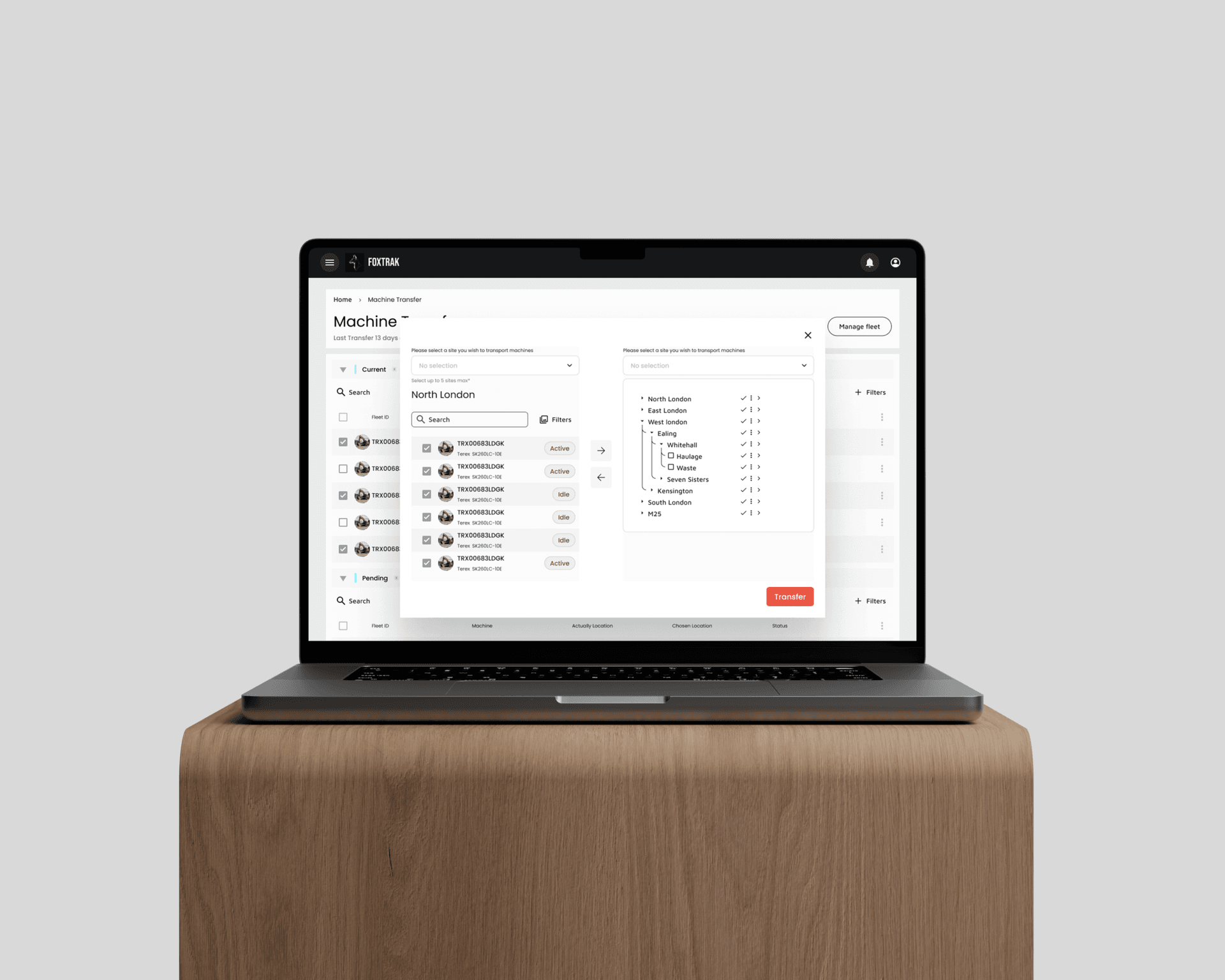 Machine transfer management interface